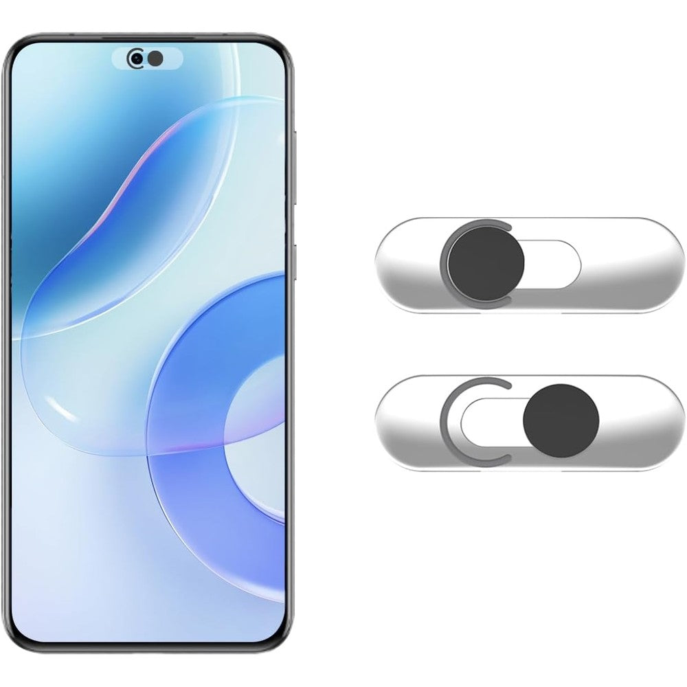 EYSOFT Front Camera Cover two pack in black showing the slim privacy slider on a smartphone.