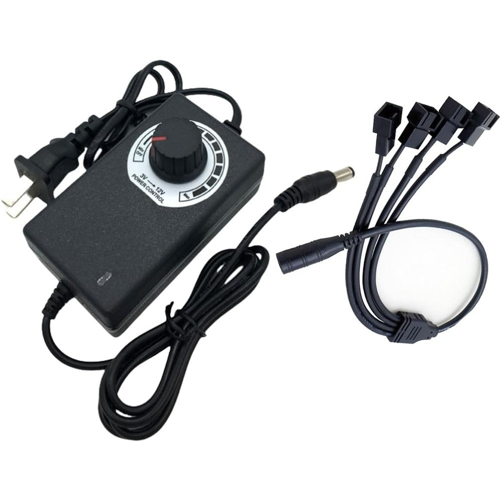 Tokatuker 12V PC Fan Speed Controller and power supply front view showing manual adjustment dial.