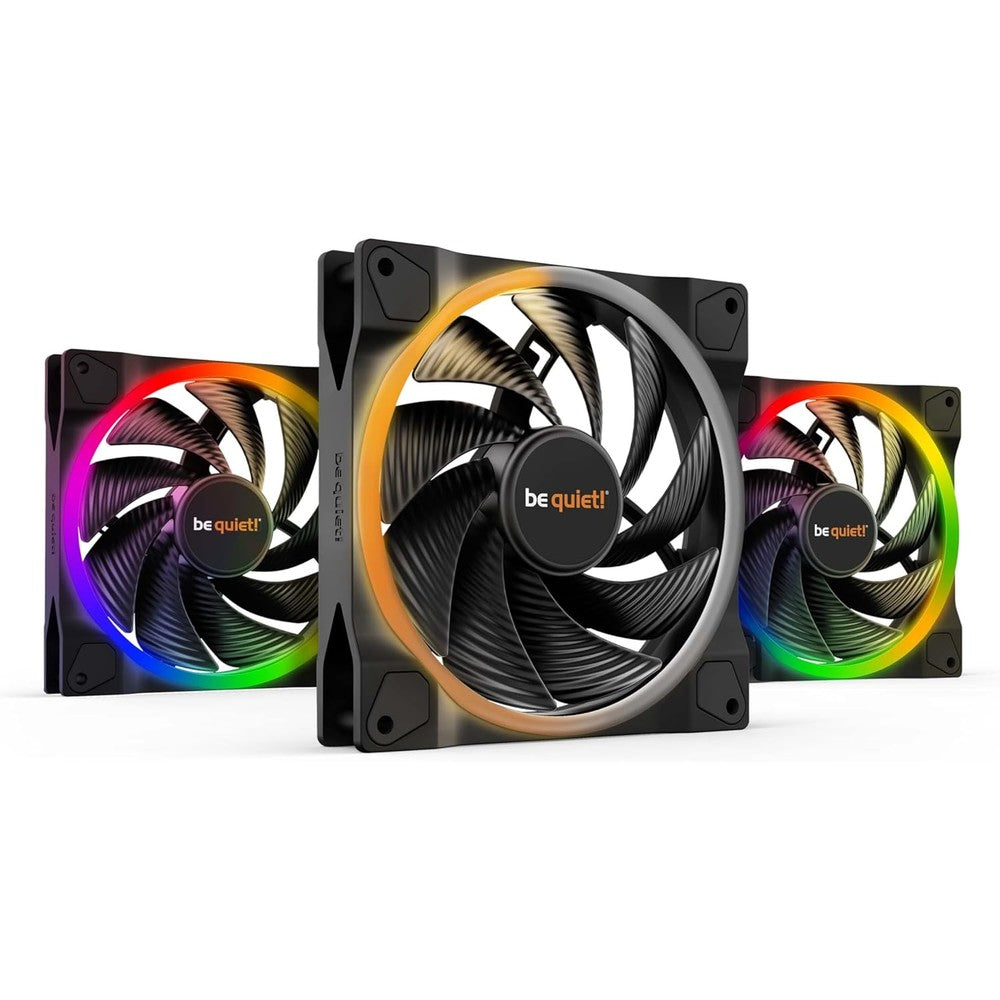 Be Quiet Light Wings 140mm ARGB cooling fan triple pack front view showing premium black frame and dual-ring lighting