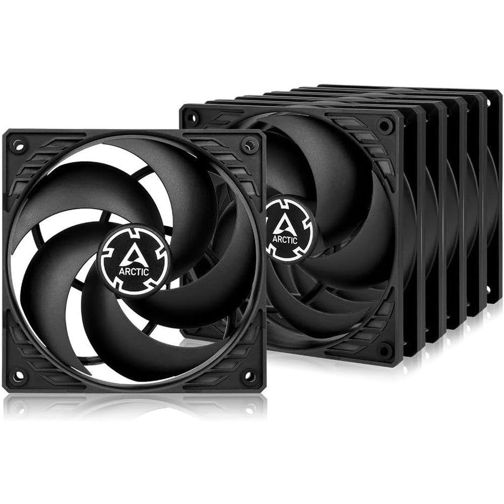 Arctic P12 120mm pressure optimised PC case fan front view showcasing the aerodynamic black blades.