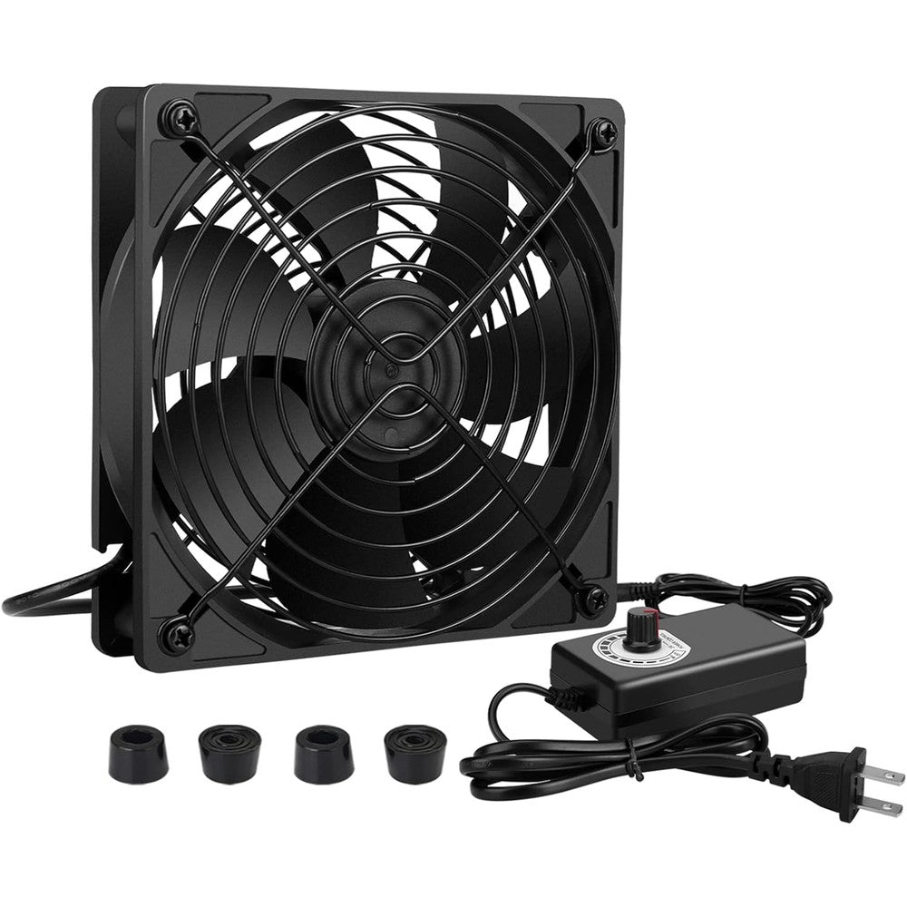 Qirssyn 120mm AC powered cooling fan front view showing protective metal grill and inline speed controller dial.