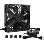 Qirssyn 120mm AC powered cooling fan front view showing protective metal grill and inline speed controller dial.