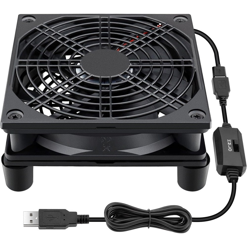 Wathai USB cooling case fan front view showing protective metal grill and rubber feet.