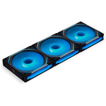 Lian Li UNI Fan SL Infinity 120mm Triple Pack front view showing three interlocking black cabinet fans with addressable RGB lighting activated.
