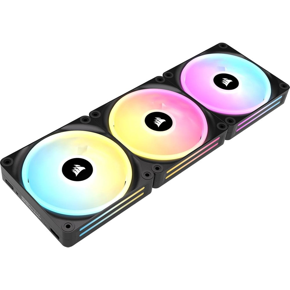 Corsair iCUE Link QX120 RGB Triple Fan Starter Kit front view showing three premium black 120mm cabinet fans with vibrant dual-loop lighting.