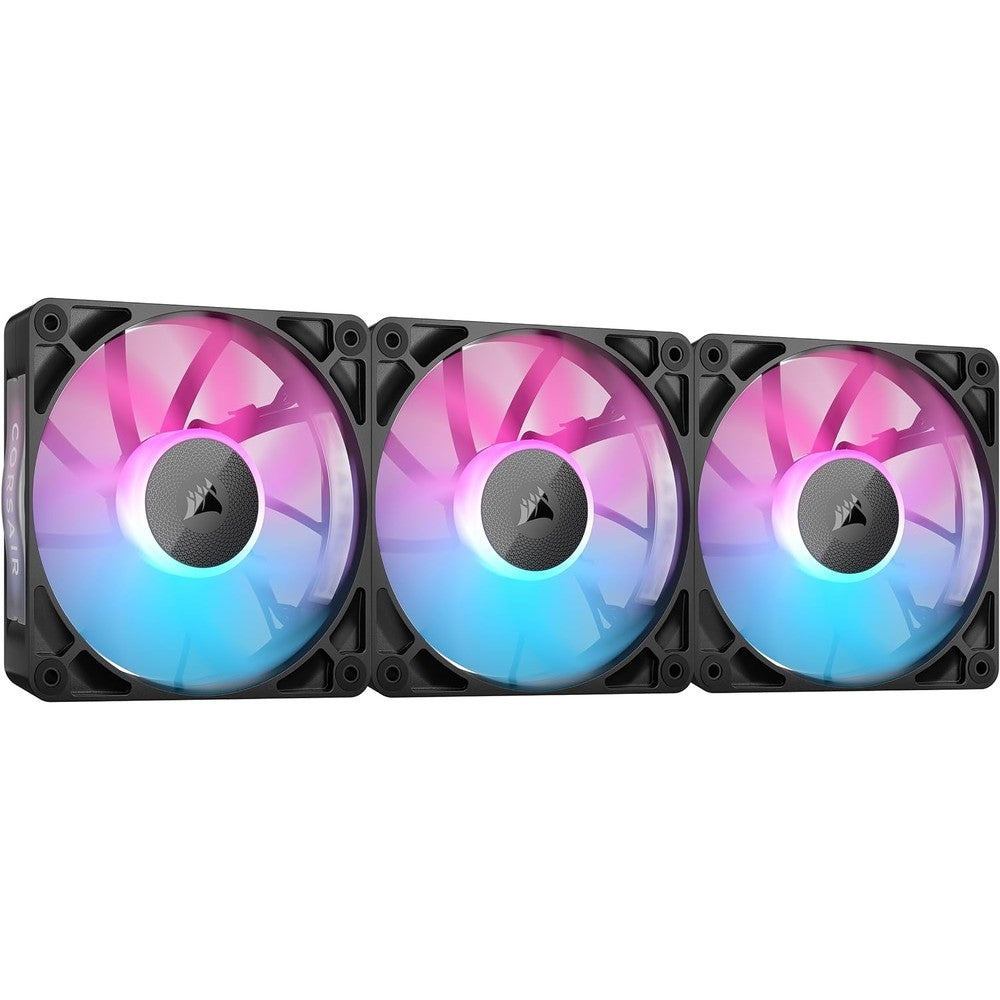 Corsair iCUE Link RX120 RGB triple pack front view showing the premium black frame and custom lighting.