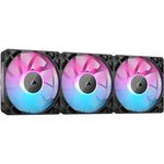 Corsair iCUE Link RX120 RGB triple pack front view showing the premium black frame and custom lighting.