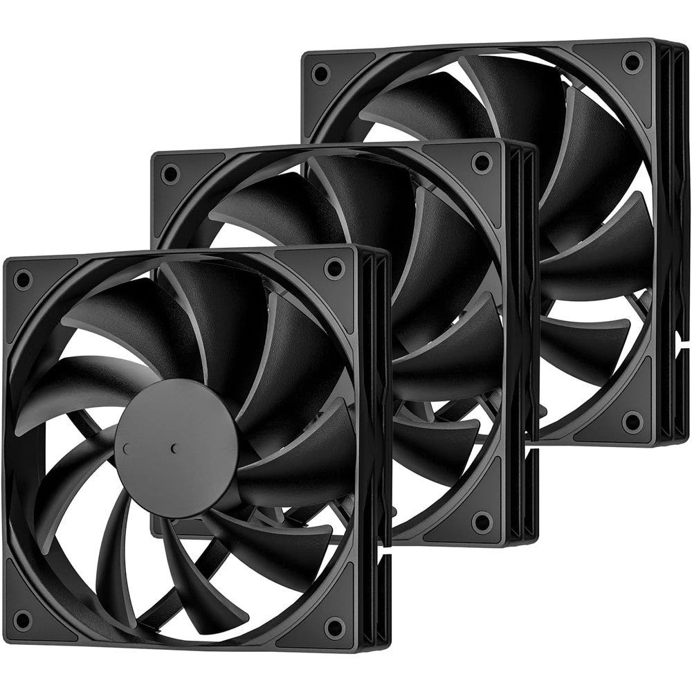Darkrock three pack one hundred and twenty millimeter black computer case fans front view showing nine blade configuration