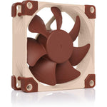 Noctua NF-A8 PWM premium quiet fan front view showcasing beige frame and dark brown blades for premium cooling setups.