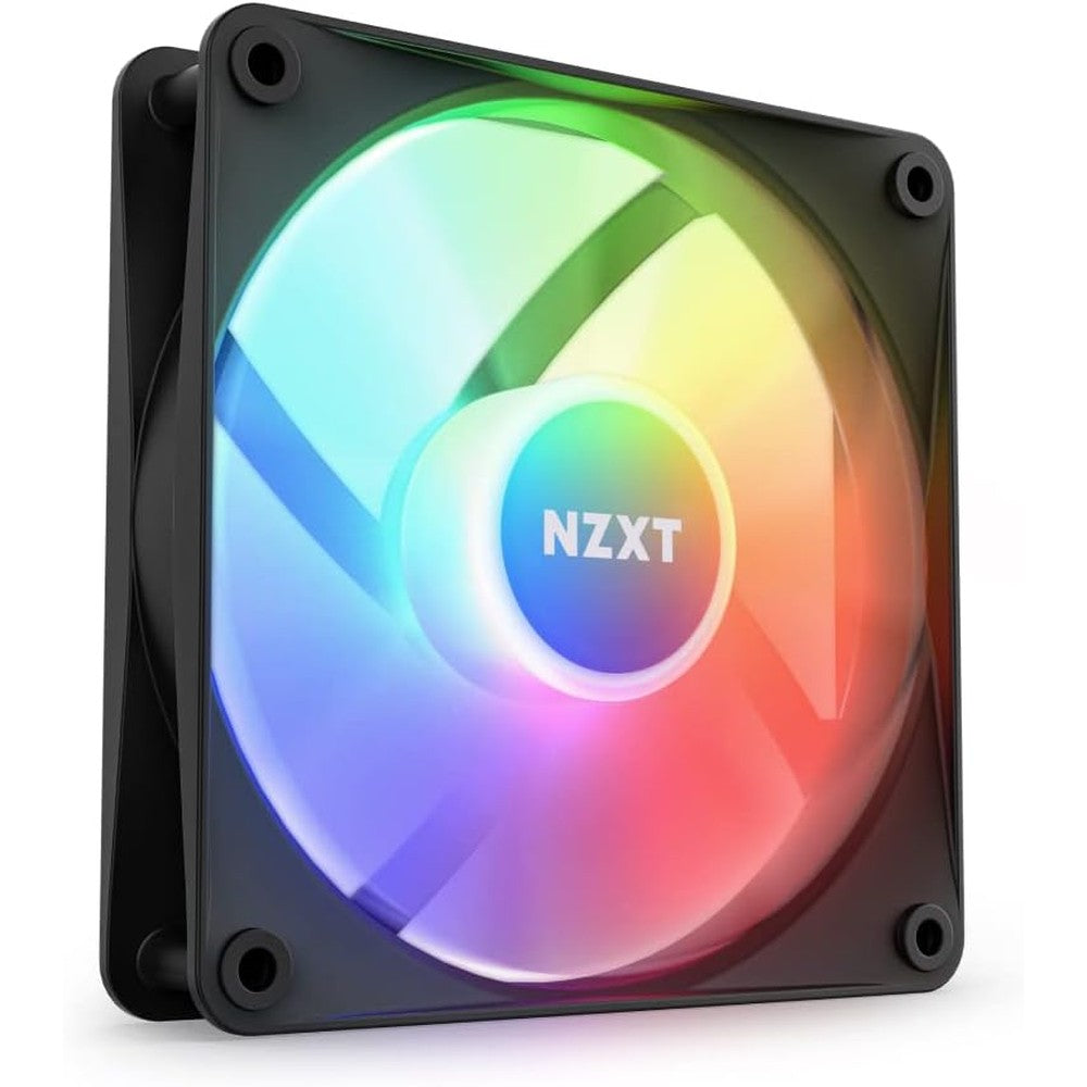NZXT F120 RGB Core 120mm computer case fan front view showcasing black frame and hub-mounted LED design.