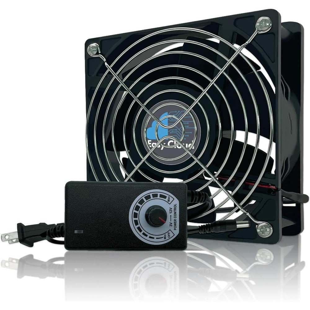 Easy Cloud 120 Millimeter computer fan with AC plug front view showcasing protective metal grill