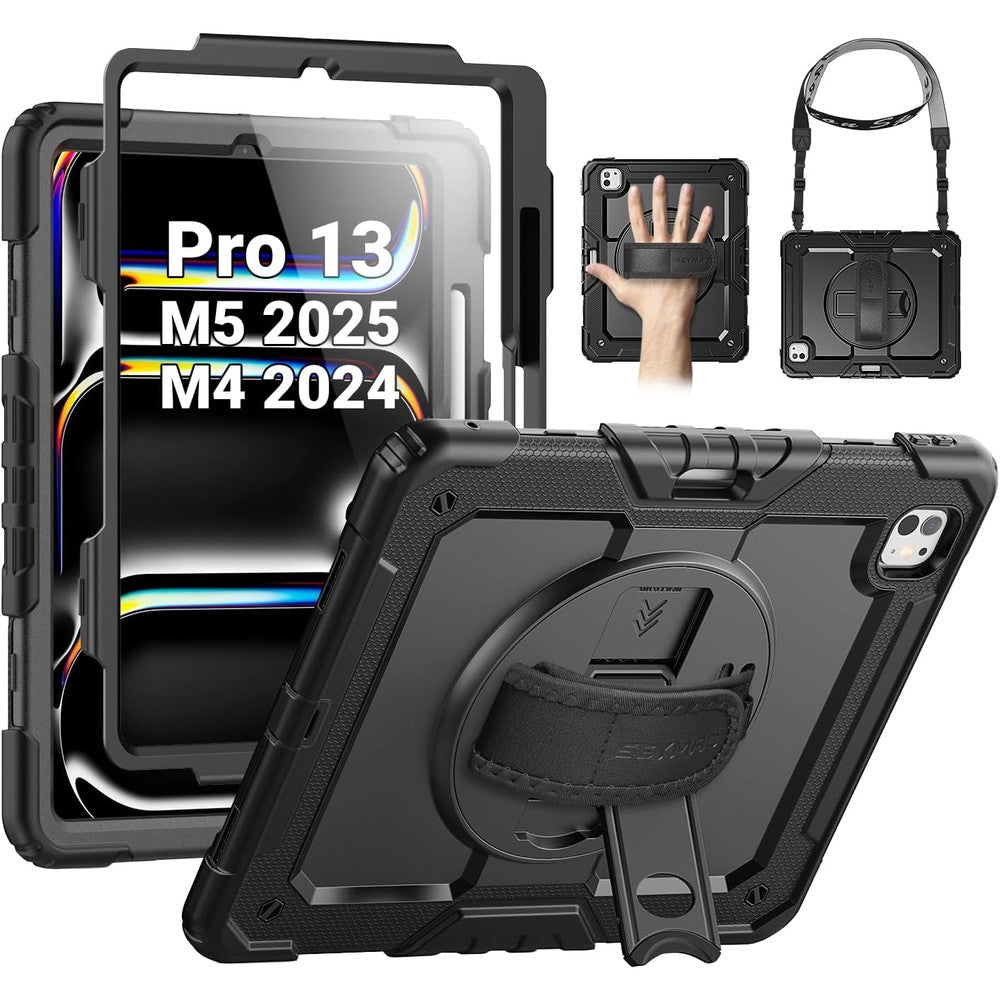 SEYMAC Heavy Duty Shockproof Protective Case For iPad Pro 13 Inch M4 2024 Seventh Generation With Screen Protector And Rotating Stand Black - Image 1