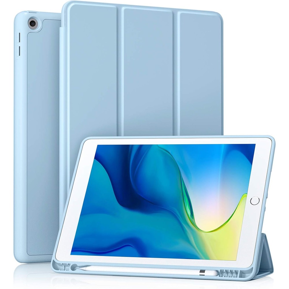 Akkerds iPad 10.2 protective case sky blue front view showcasing smart trifold cover design