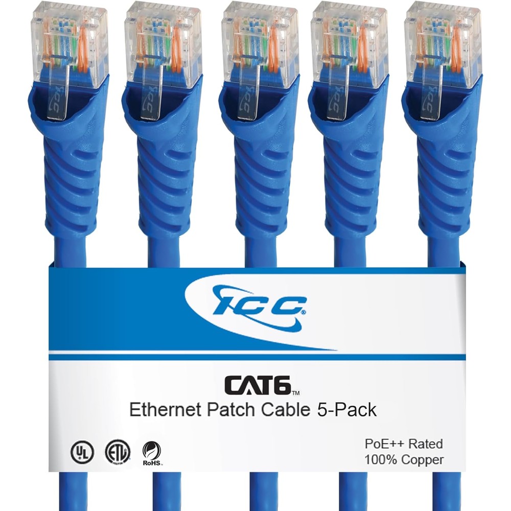 ICC Category 6 Ethernet Patch Cord 5 Pack front view showing five blue network cables with snagless connectors.