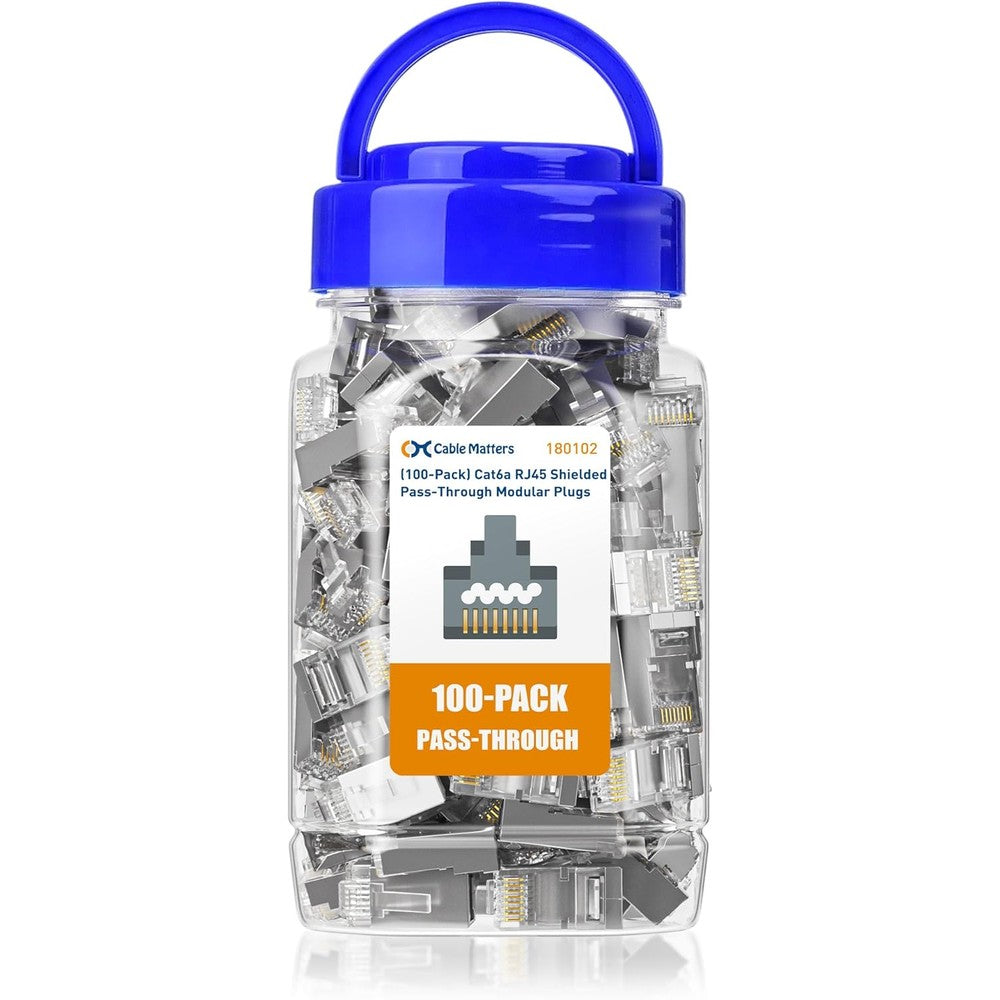 Cable Matters Category 6A Shielded Pass Through RJ45 Connectors 100-pack inside a clear storage jar with a blue lid.