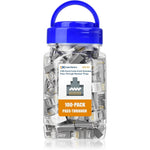 Cable Matters Category 6A Shielded Pass Through RJ45 Connectors 100-pack inside a clear storage jar with a blue lid.
