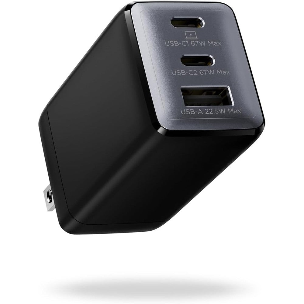Wegear 67 Watt USB C GaN charger front view showcasing three ports.