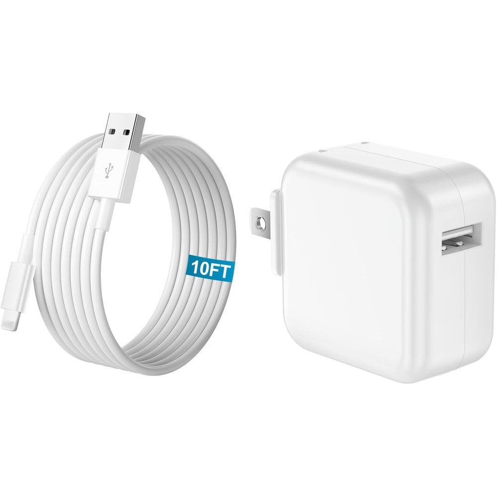 Karhood 12W USB fast charger block with 10 foot cable front view showing white foldable plug adapter