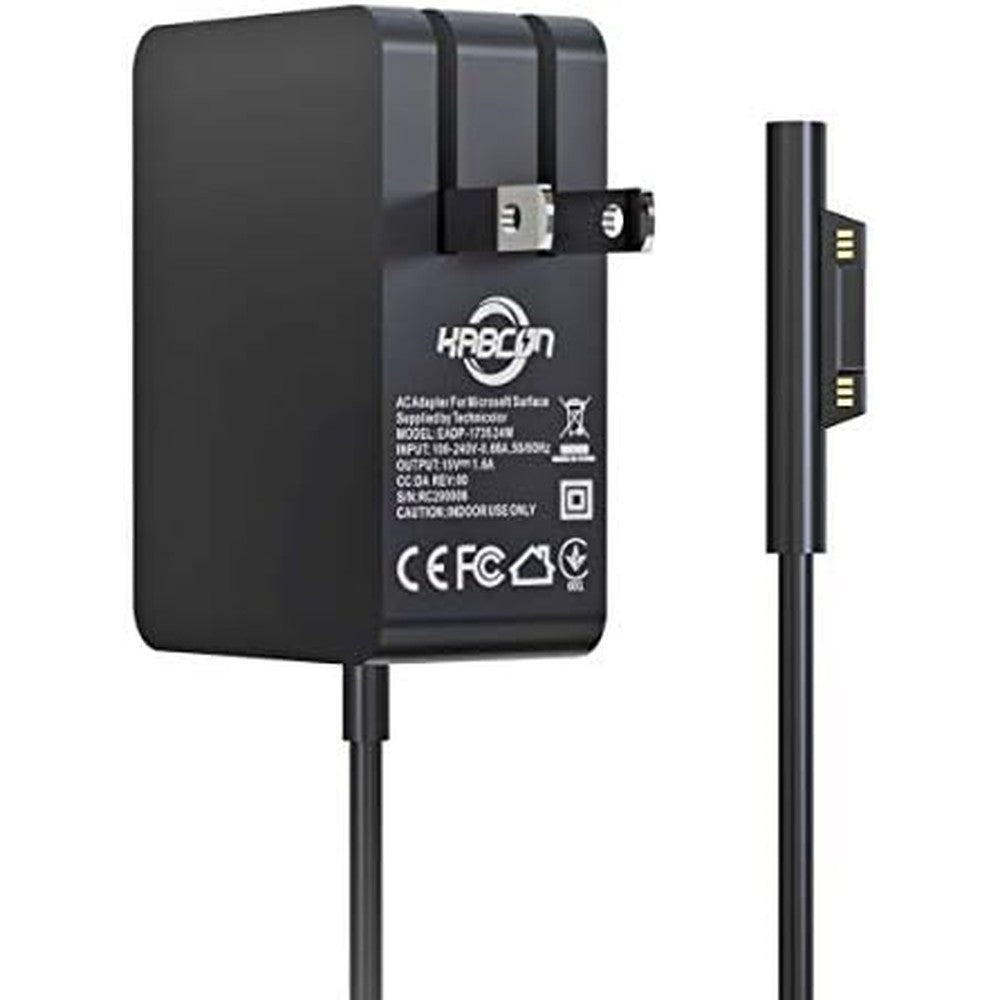 Kabcon Surface Go charger front view showcasing the rectangular power adapter box and magnetic connector pins.