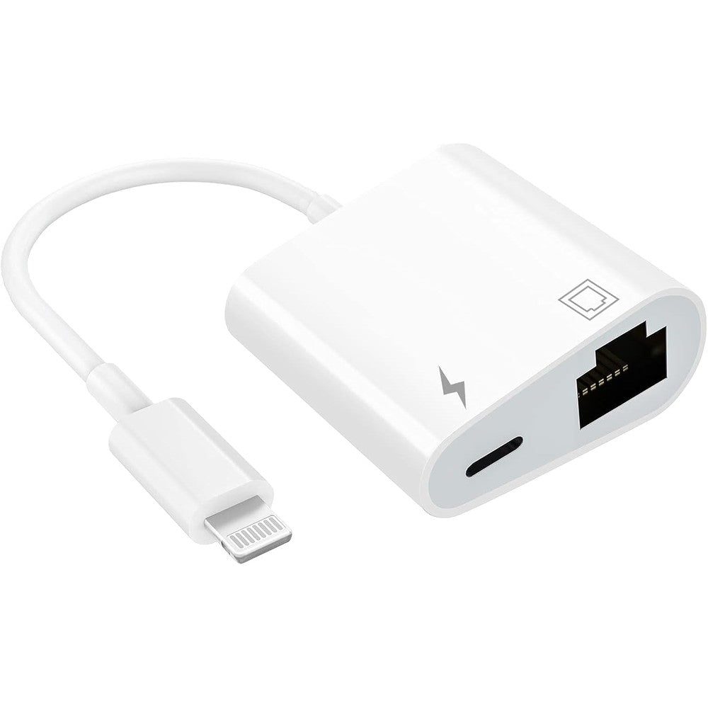 DESOFICON Lightning to Ethernet Adapter front view showing the sleek white exterior shell and premium finish.