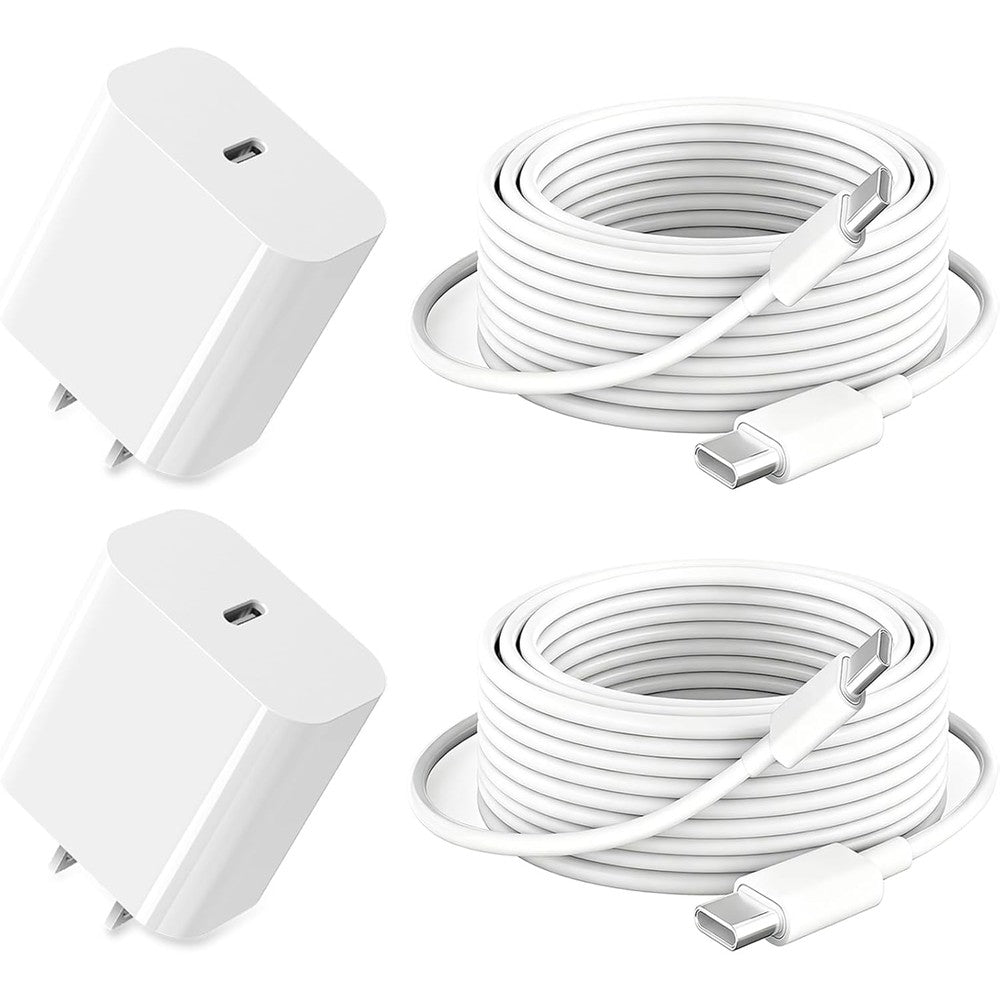 GKW iPad Fast Charger 2-Pack front view showcasing two white 20W wall adapter blocks and two coiled cables.