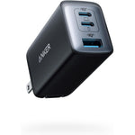 Anker 735 Nano II 65W three port fast wall charger front view showcasing the black matte finish and sleek premium design.