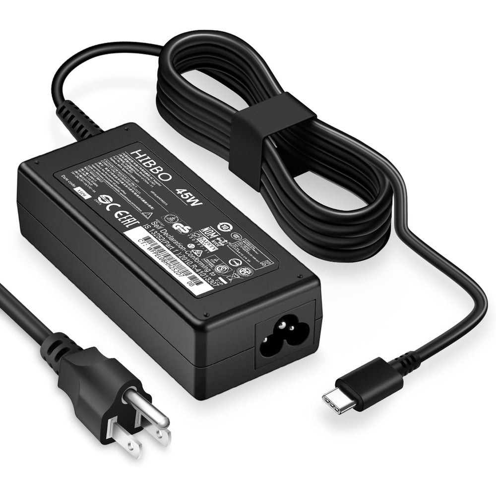 HIBBO Chromebook charger USB C front view showing the compact black adapter block.