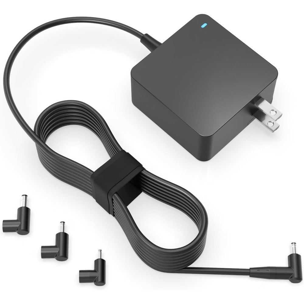 Superer laptop charger front view showing the power adapter block and charging indicator light