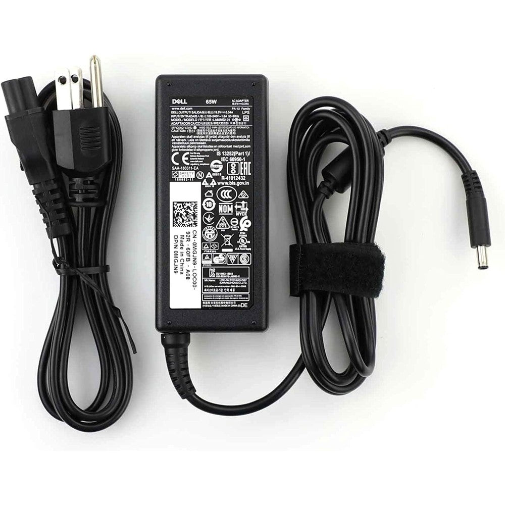 Dell genuine 65W laptop charger front view showing the official logo and sleek black brick design.