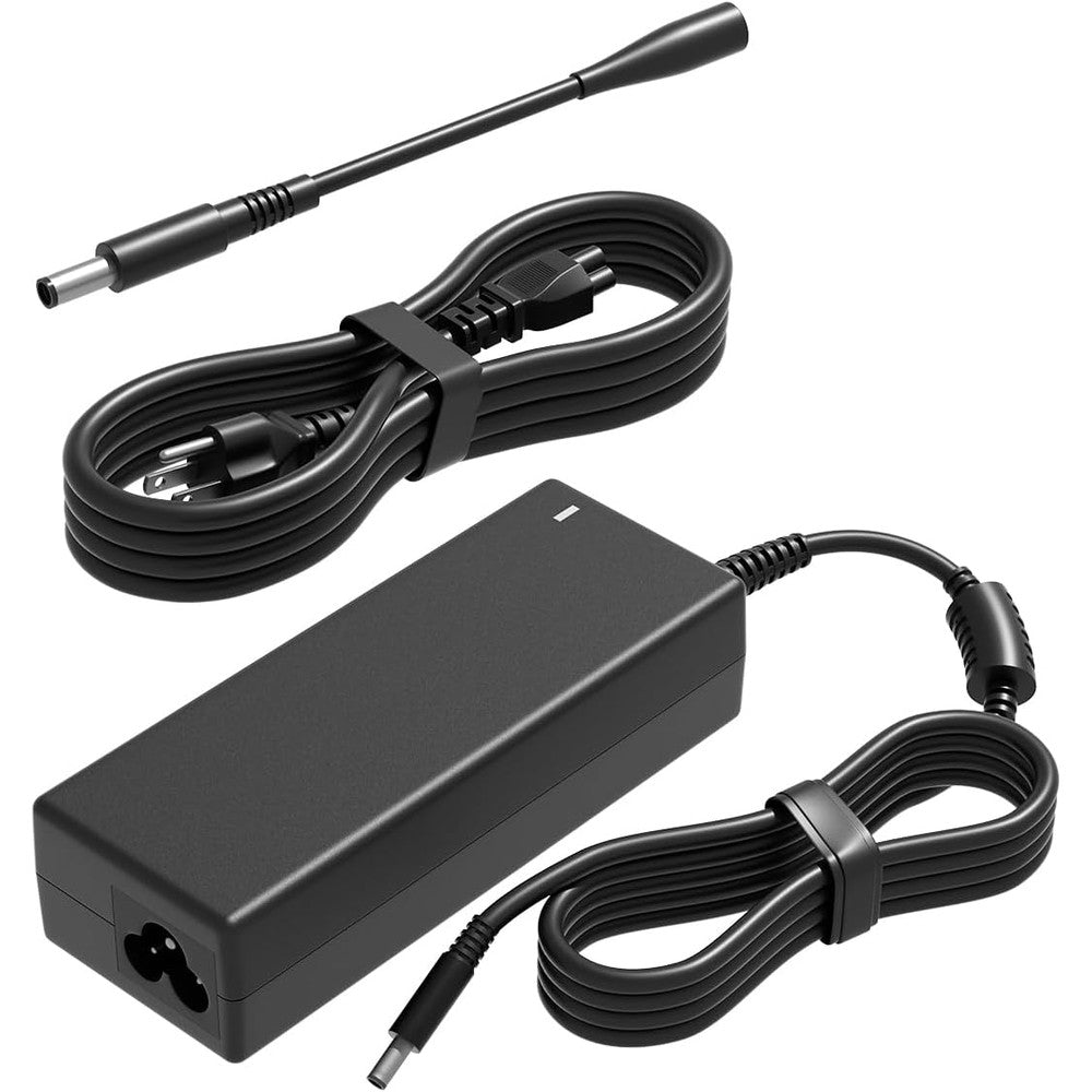 PowerPortnerLink 65W laptop charger adapter front view showing the sleek black power brick design.