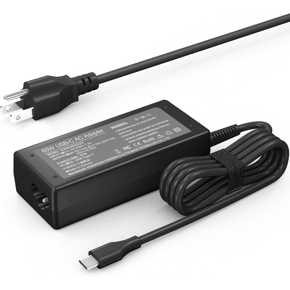 Dzytnsy 65W USB Type C laptop charger front view showcasing the compact rectangular block power adapter.