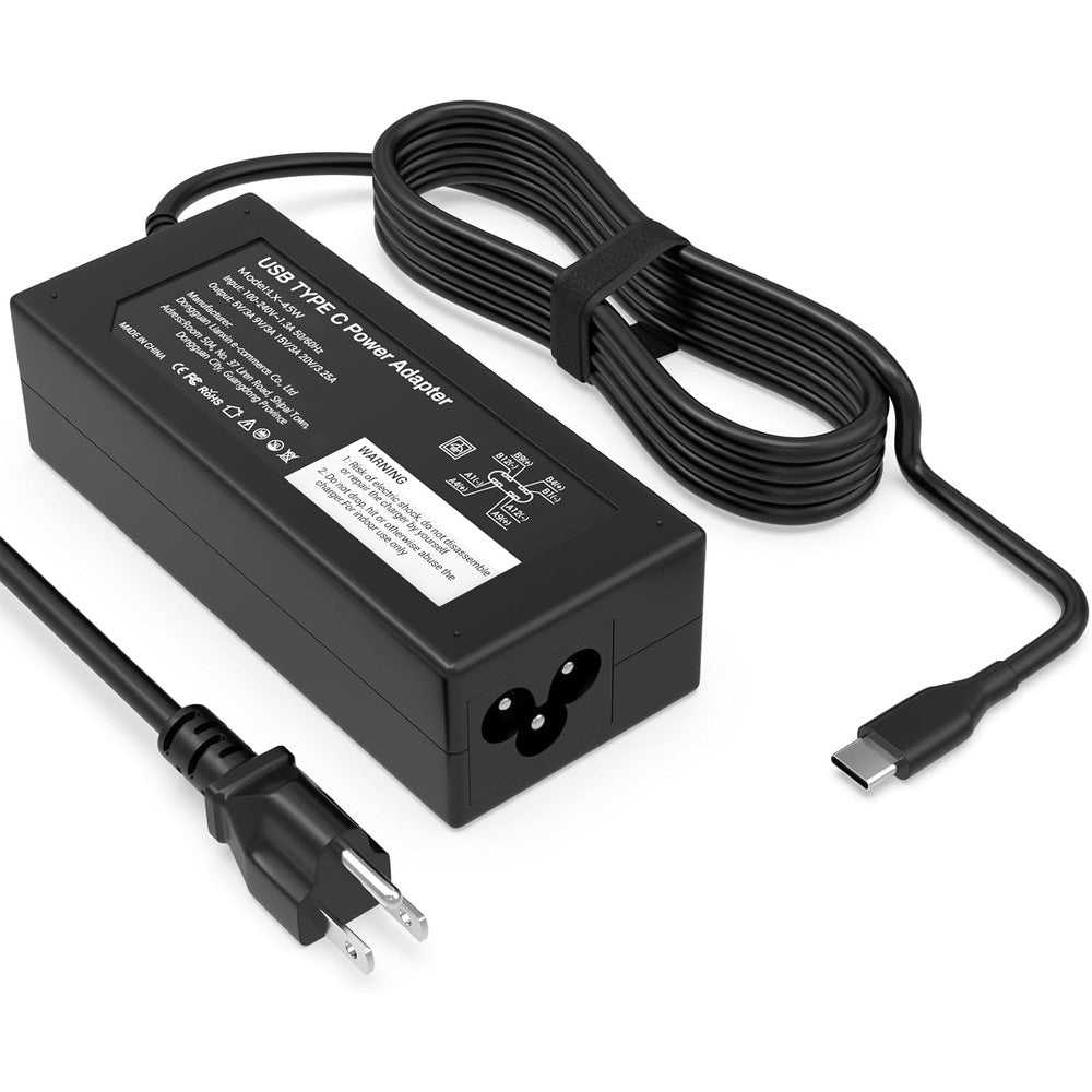 GKLSPL 45W USB-C power adapter front view showcasing the durable black plastic charging block and thick Type-C power cord.