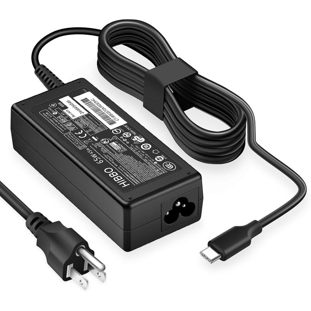 HIBBO USB Type-C sixty-five Watt power adapter front view for laptop charging.
