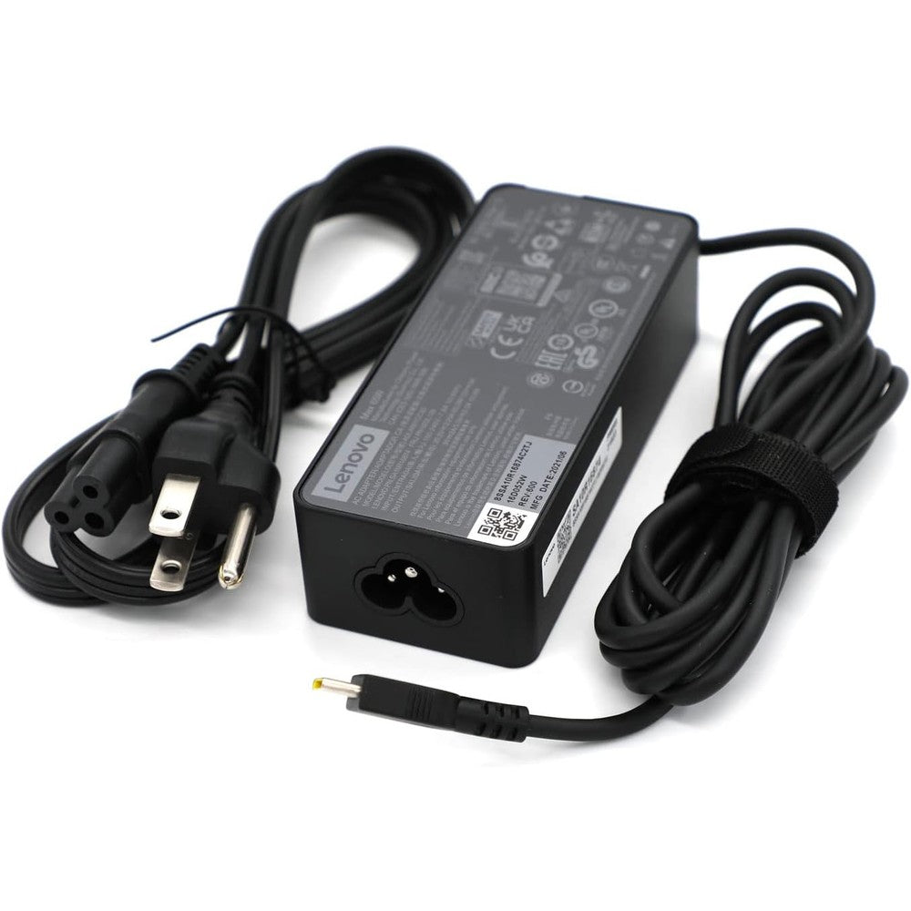 Lenovo 65W USB Type C laptop charger front view showing the compact adapter block.