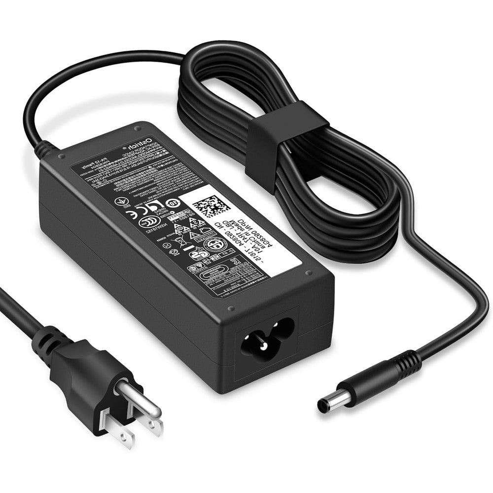 Ostrich laptop charger compatible with Dell front view showing adapter brick and cables.