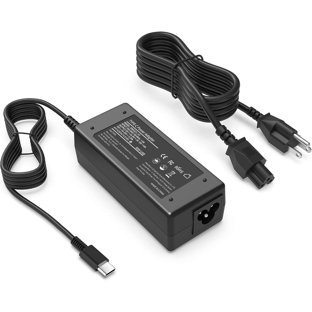 TruAI LLC Universal 65W USB Type C Laptop Charger front view showing main adapter block and Type C cable tip