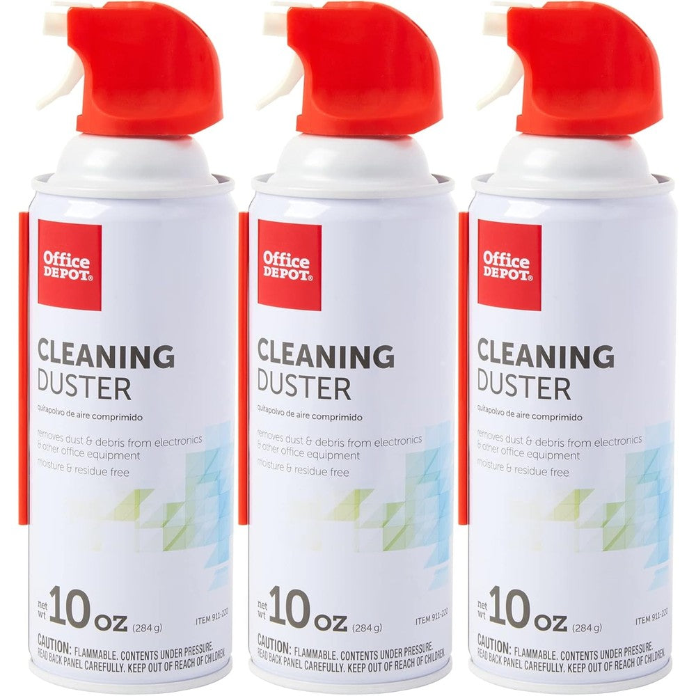 Office Depot Cleaning Duster front view showing three cans of compressed air for electronics.