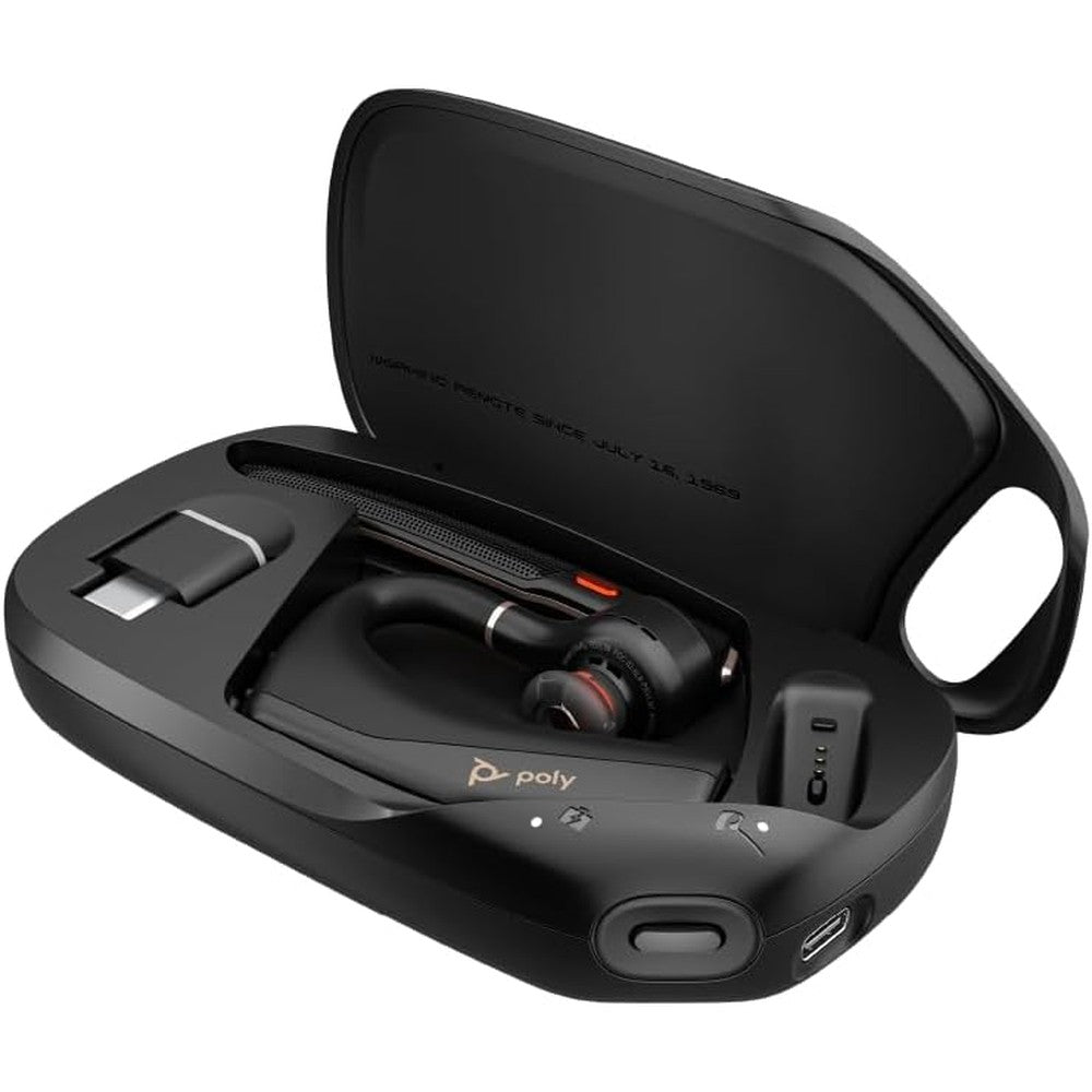 Poly Voyager Legend 50 UC headset with charging case front view