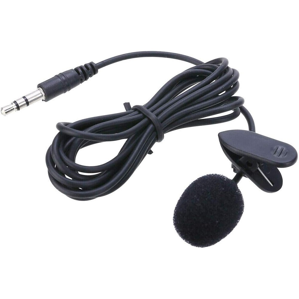 Akingdleo 3.5mm PC hands free microphone front view showing the lapel clip and foam windscreen for professional recording.