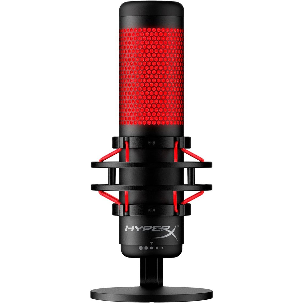 HyperX QuadCast Rouge USB microphone front view with red LED glow