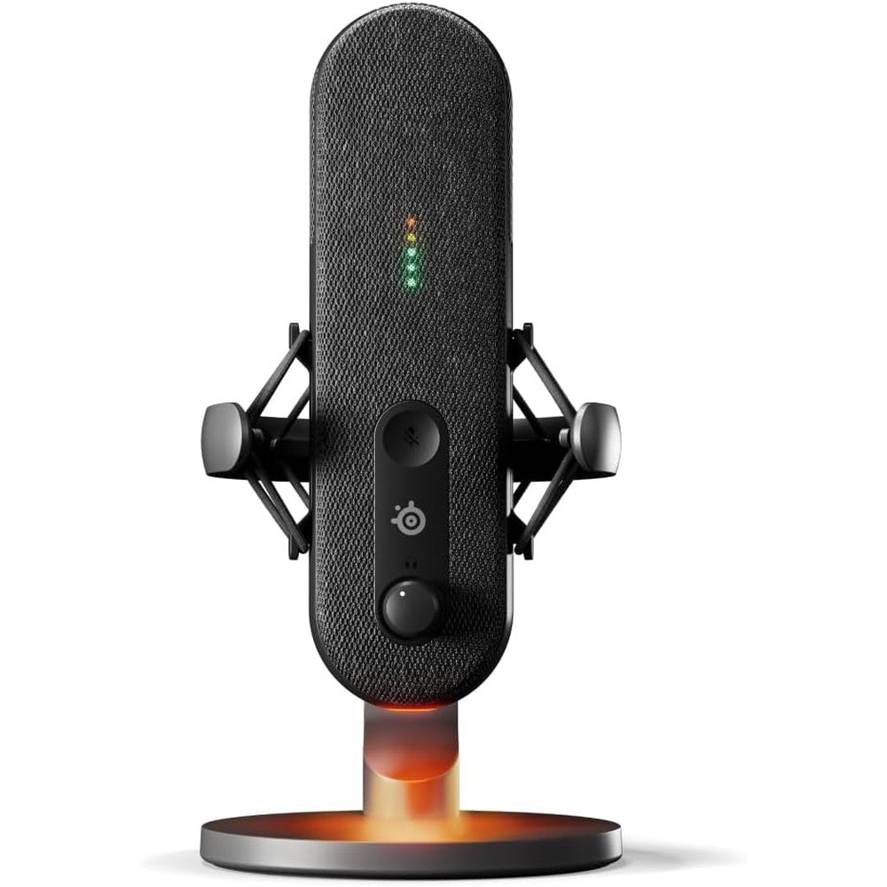 SteelSeries Alias USB Microphone front view showing the premium mesh grille and integrated desktop shock mount stand.