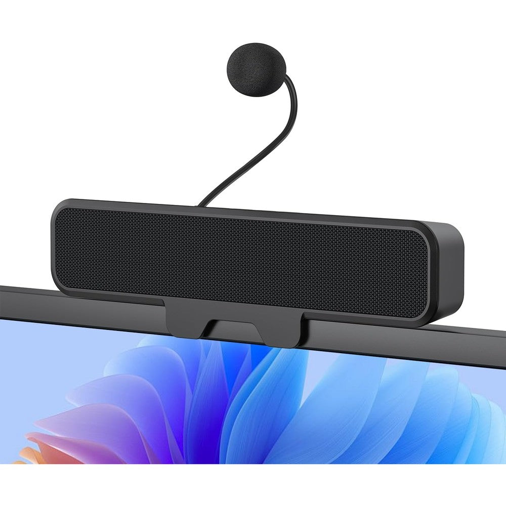 INGA Computer Speakers with detachable microphone front view mounted on a desktop monitor.