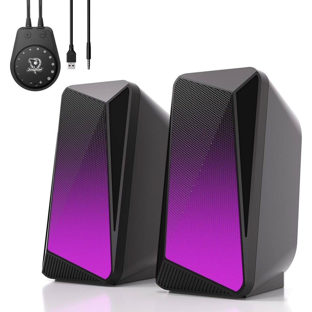 SOULION C30 Bluetooth computer speakers front view showing black geometric design and purple LED lights.