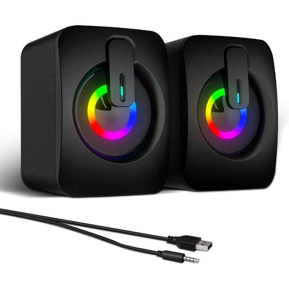 MELOGAGA RGB computer speakers front view showing dual driver design on desk setup