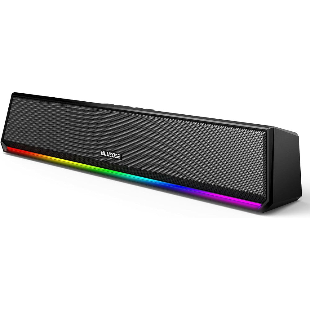 Bluedee computer speakers front view showing sleek black soundbar design with glowing blue RGB base light.