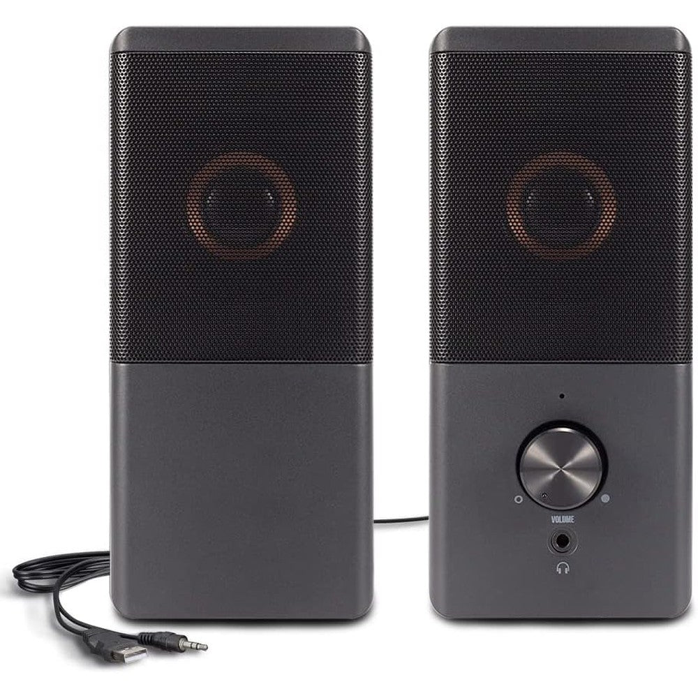 ROSON compact computer speaker dual set front view showing black metallic mesh grille and volume knob.