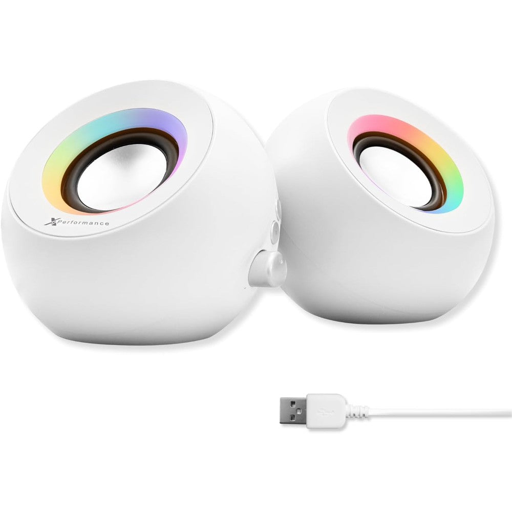 X9 Performance white computer speakers front view showing compact spherical design and glowing RGB lighting strip