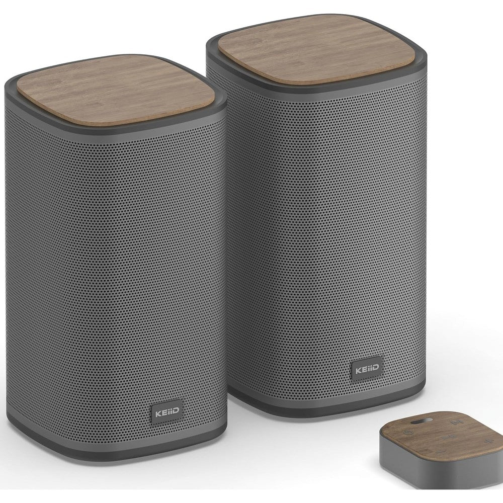 KEiiD Bluetooth computer speakers front view showing walnut finish and steel mesh housing