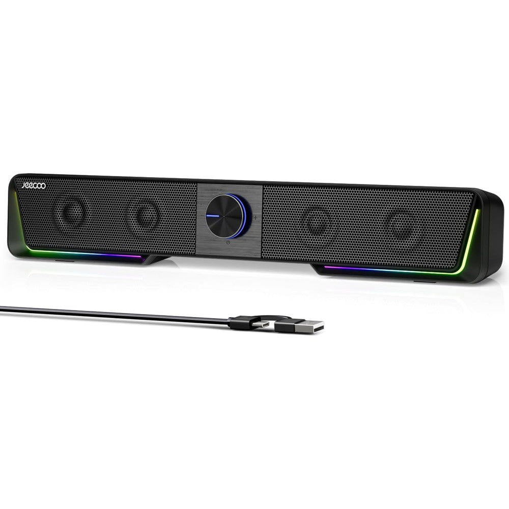 Jeecoo A40 Bluetooth Computer Speakers front view displaying glowing RGB LED lights under a desktop monitor setup