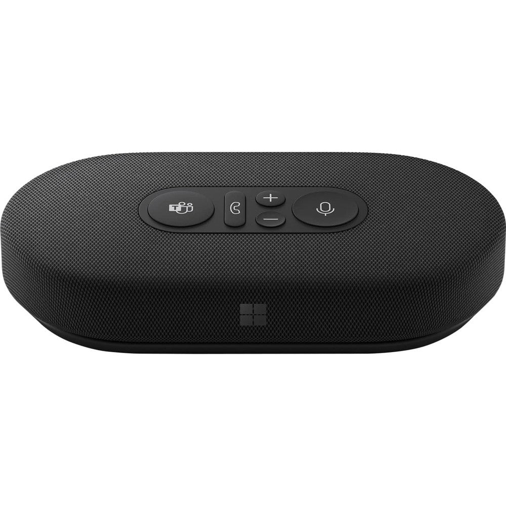 Microsoft Modern USB-C Speaker front view showing fabric grille and integrated call controls